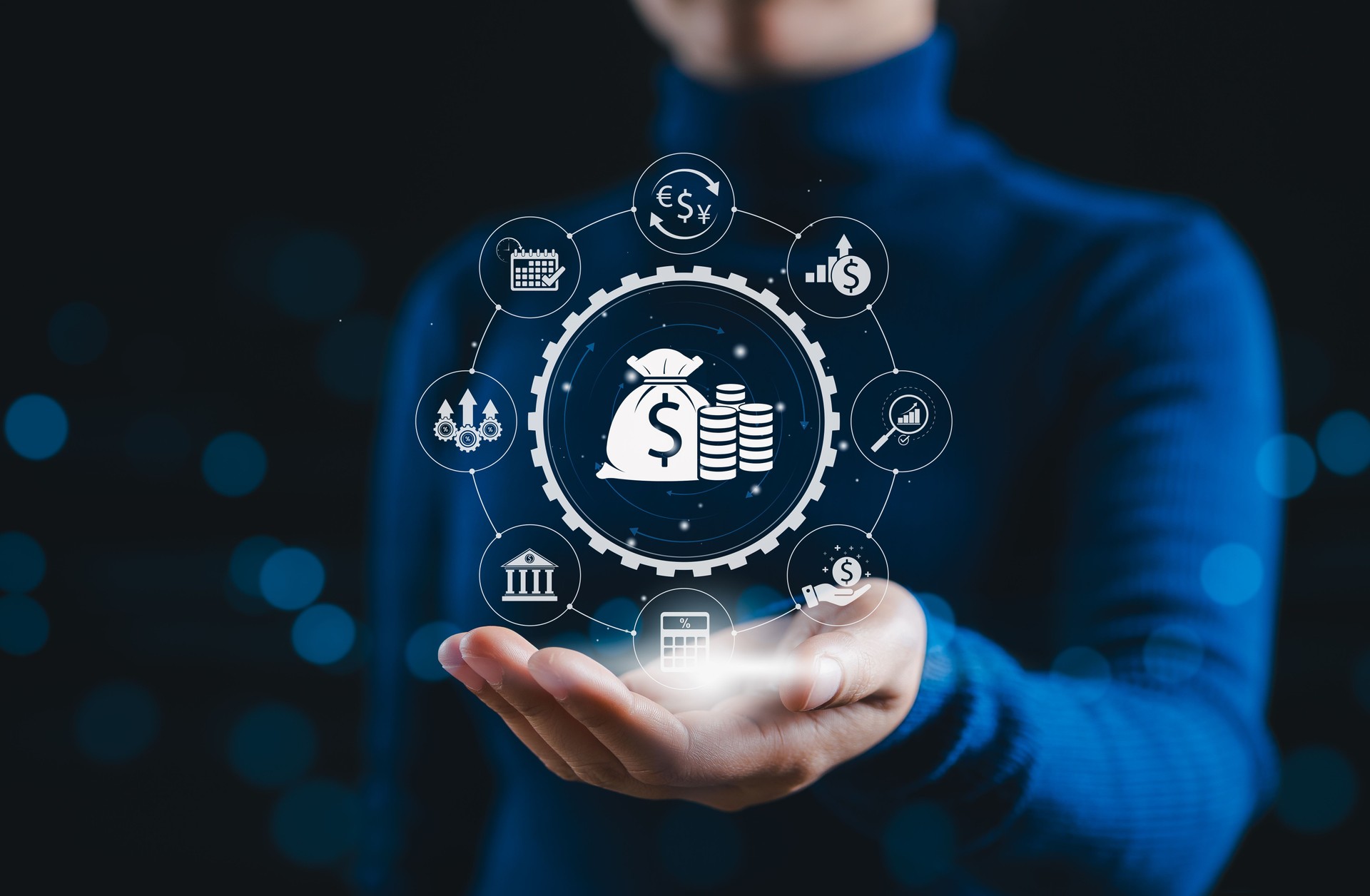 ROI, Return on Investment and Financial Growth Concept. Businesswoman presents interface with icons of money, charts, and currencies, return on investment, financial strategy, business profitability,